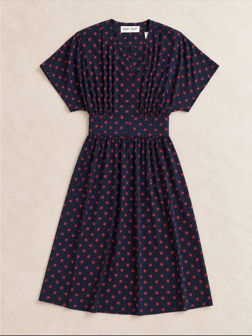 Vintage Albert Nipon 100% Silk Polka Dot Dress Woman Small Shoulder Pads Midi